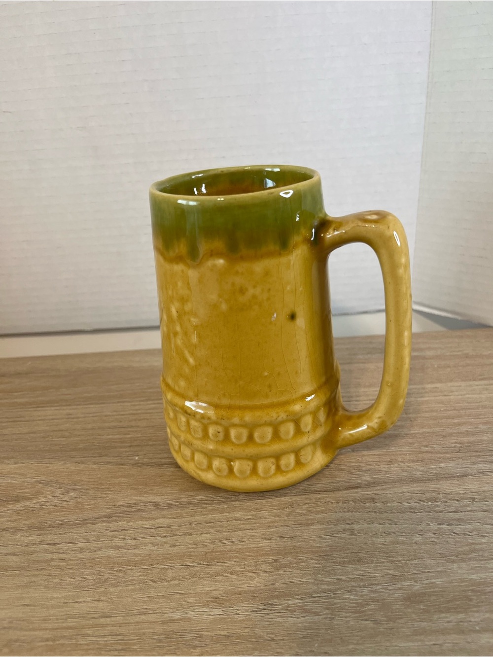 Glazed Ceramic Mug in Yellow with Green Rim from Quebec
